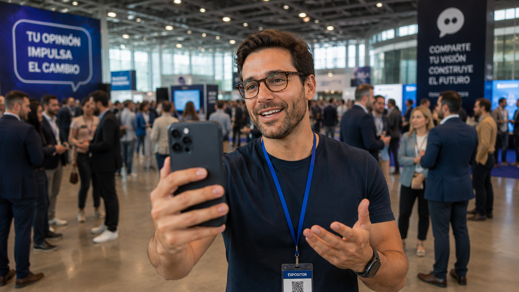 Asistente grabando su opinión en un evento de empresa
