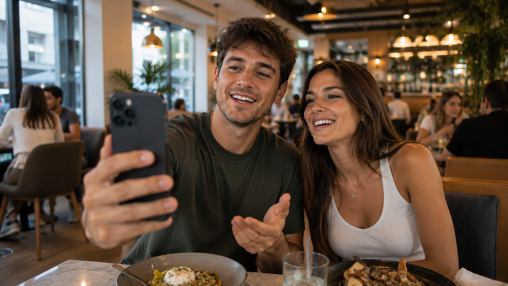 Cliente grabando una reseña en un restaurante